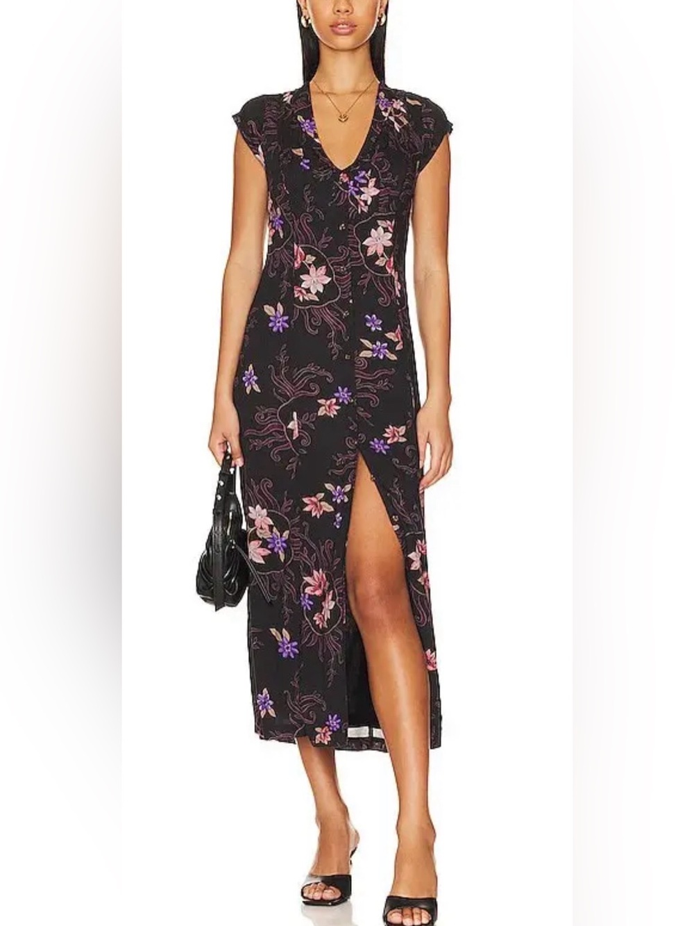 Free People Rosemary Black V-Neck Midi Dress with Floral Blooms Night Combo S